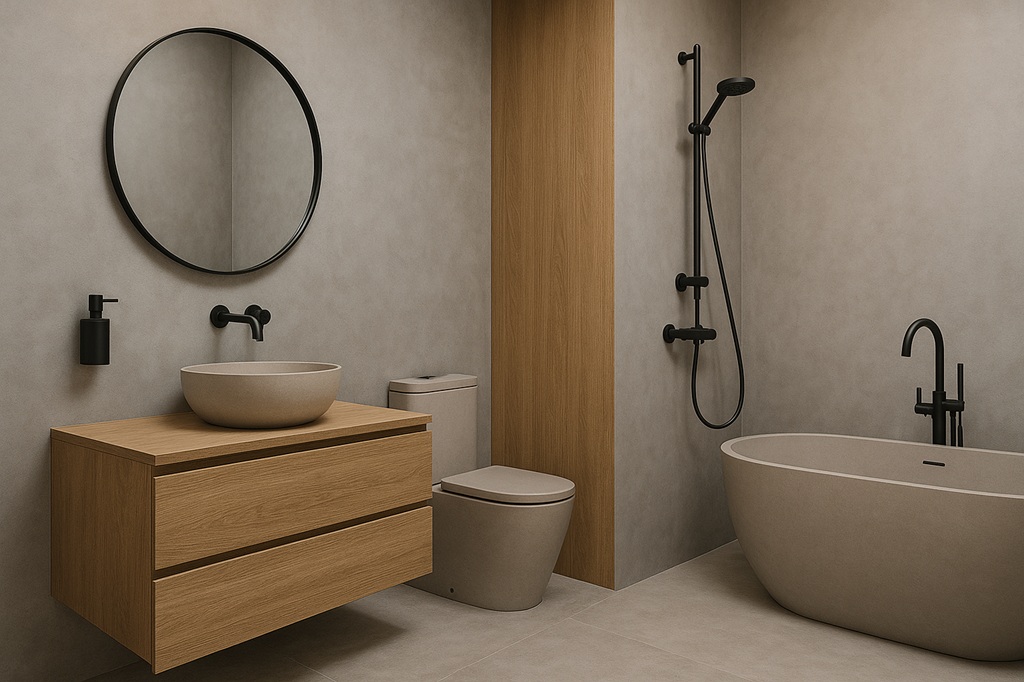 серый микроцемент с черной сантехникой и деревянными вставками в стиле urban spa